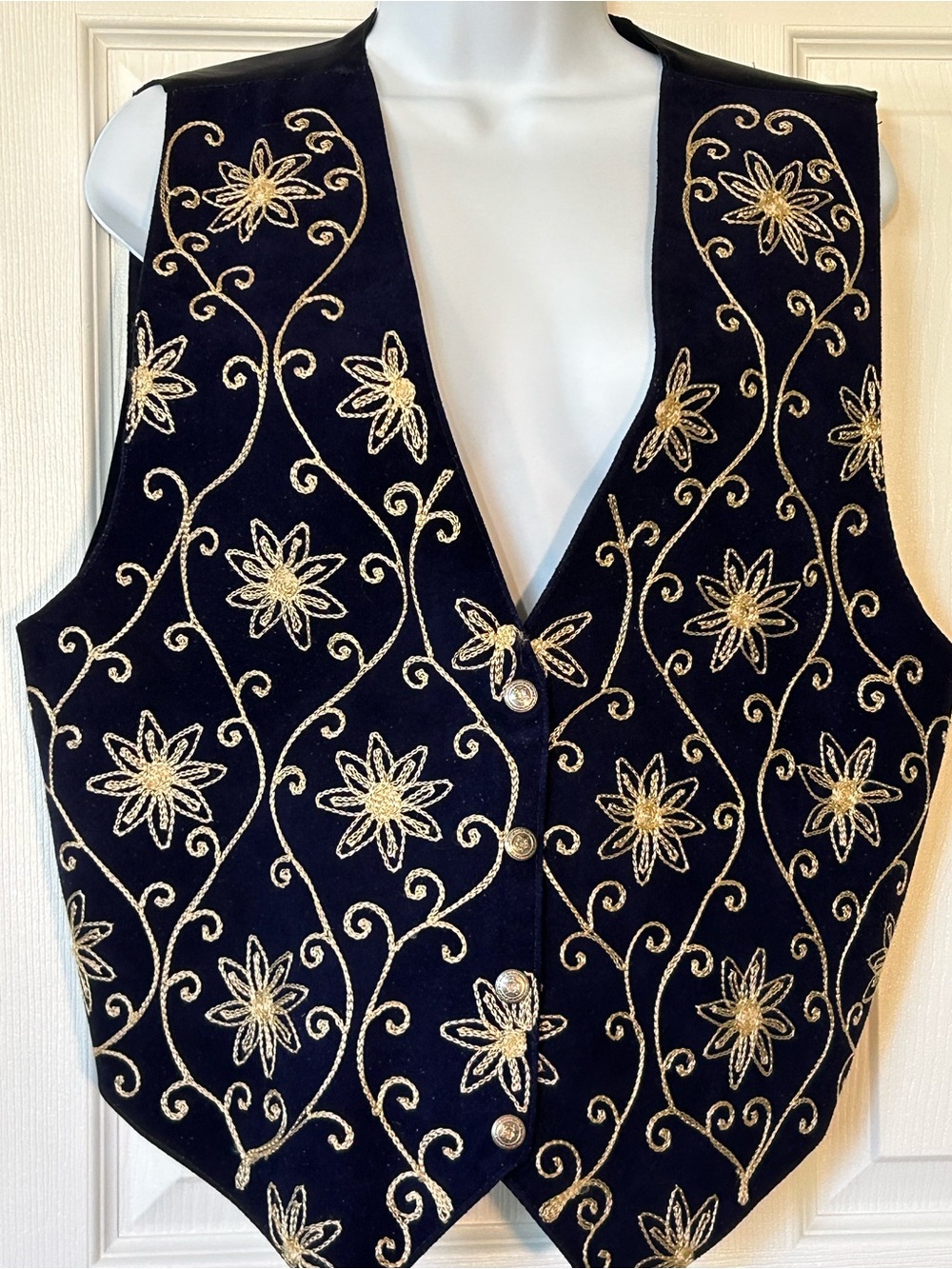 Cheyenne Autumn Embroidered Leather Gold Floral Vest - Blue Size Medium